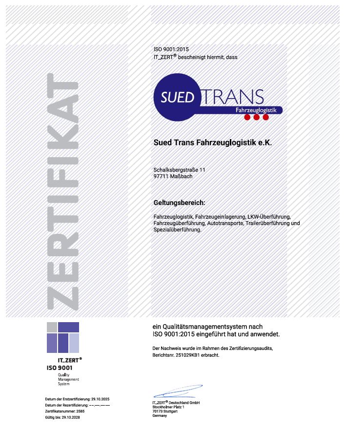 SUED-TRANS ISO 9001:2015 Zertifikat deutsch